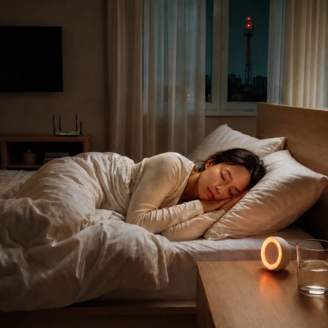 Woman sleeping peacefully in a bedroom without radiation graphics