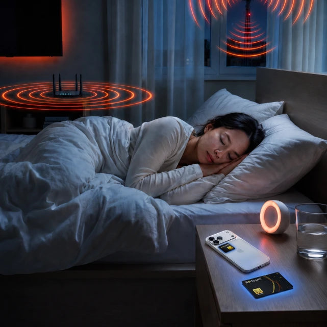 Radiation sources around a sleeping woman with BioCard Pro and BioChip nearby